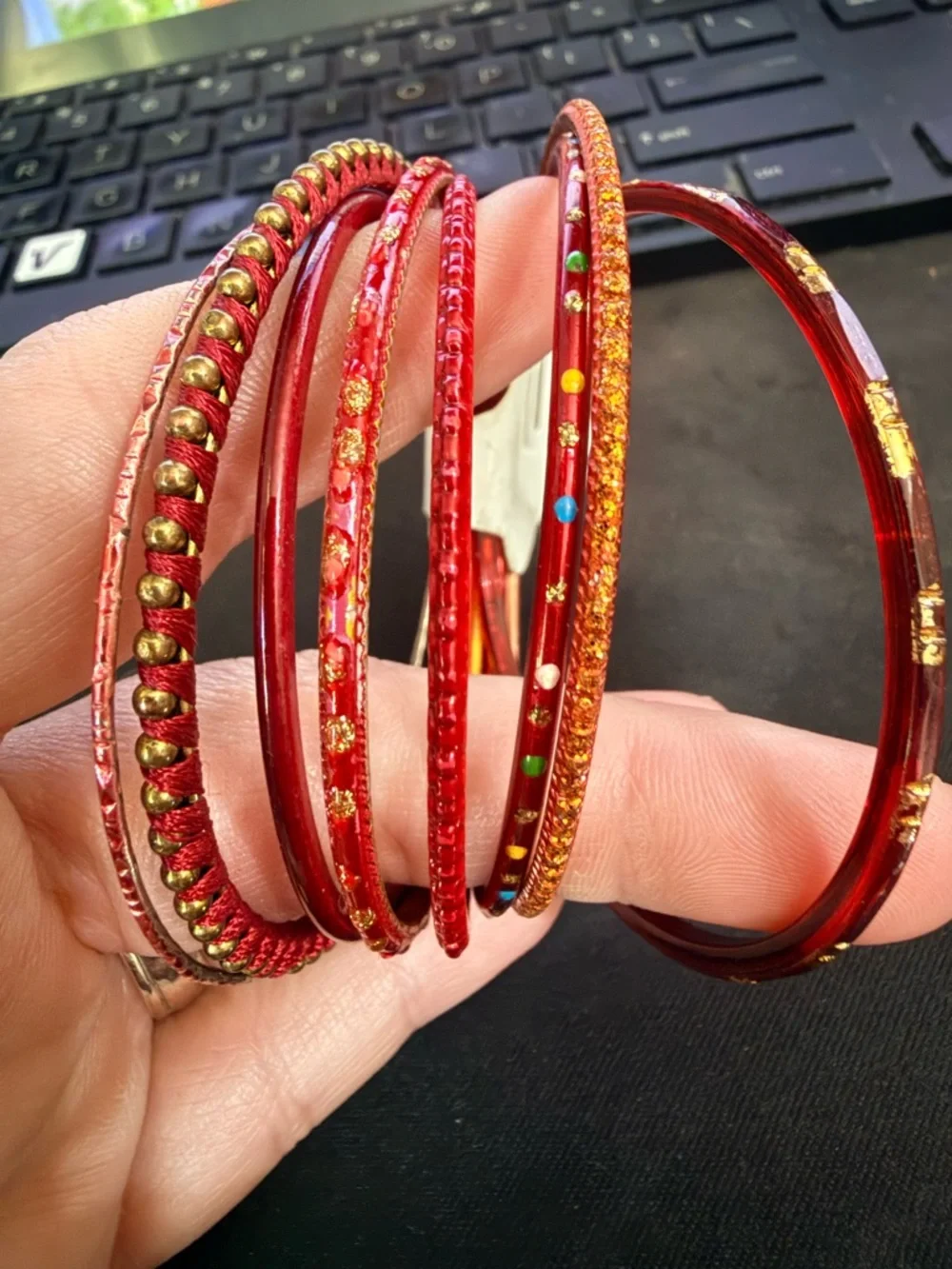 Vintage Style Red Gold Boho Bangle Bracelet Stack Set Festival Jewelry